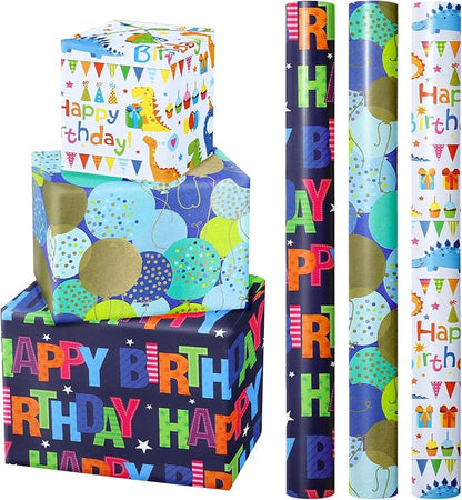 WRAPAHOLIC Dinosaur Birthday Wrapping Paper Roll - Mini Roll - 3 Rolls - 17 inch x 120 inch Per roll - Happy Bday Wrapping Paper for Kids Boys Birthday, Baby Shower, Dinosaur Lover