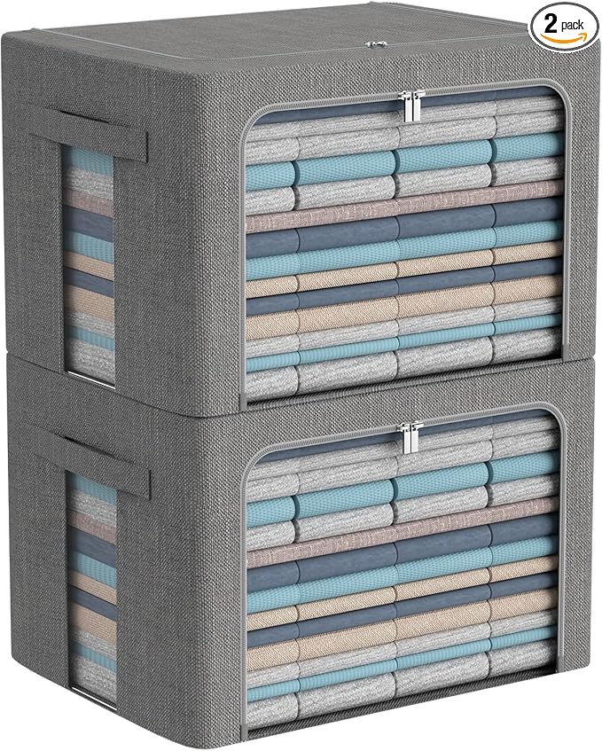 CYhom Extra Large Clothes Storage Bins - Linen Fabric Foldable Stackable Container Organizer Set with Clear Window & Carry Handles & Metal Frame (Dark Gray, Extra Large-100L)