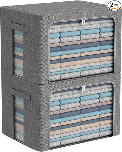 CYhom Extra Large Clothes Storage Bins - Linen Fabric Foldable Stackable Container Organizer Set with Clear Window & Carry Handles & Metal Frame (Dark Gray, Extra Large-100L)
