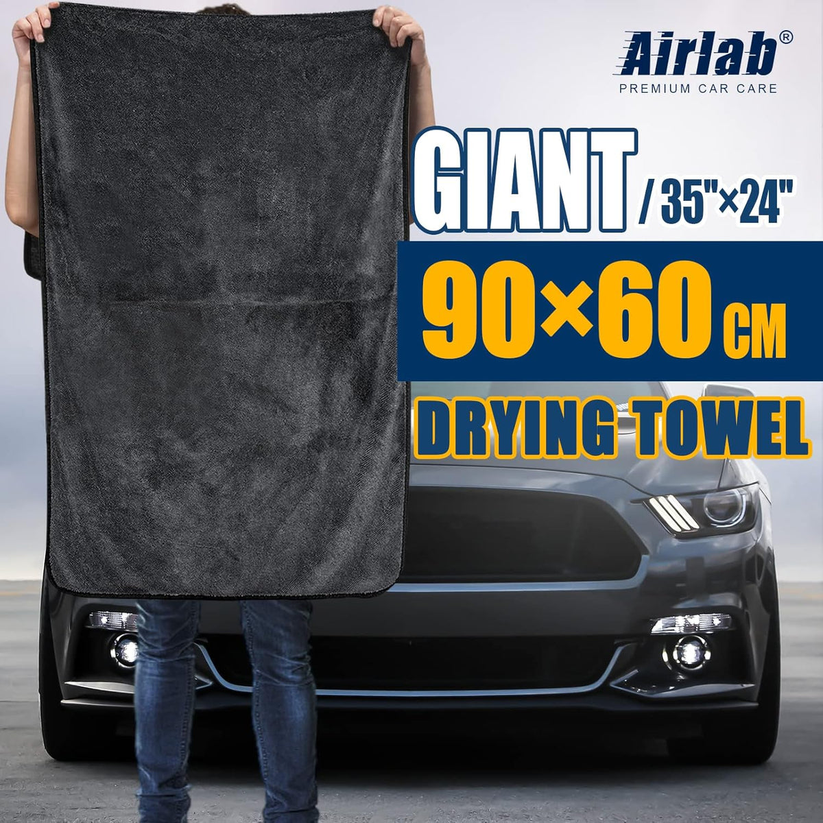 Airlab Microfiber Towels for Cars Wash Drying Extra Large Super Absorbent Cleaning Cloth Auto Detailing Ultra Soft, Lint-Free, Streak-Free, 35 x 24 Inch, Pack of 1, Grey-Black, 600 GSM