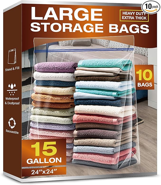 15 Gallon Large Storage Bags, 3.5 Mil Thick Clear Plastic Zipper Bags with Handles, 24" x 24" Large Heavy Duty for Home, Travel, and Moving (10 Packs)