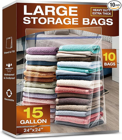 15 Gallon Large Storage Bags, 3.5 Mil Thick Clear Plastic Zipper Bags with Handles, 24" x 24" Large Heavy Duty for Home, Travel, and Moving (10 Packs)