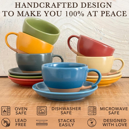 Mora Ceramic Latte Art Mug With Saucer - 10.5 oz, Round Bottom For Perfect Pours - Cafe Cups for Cappuccino, Espresso, Coffee, Tea etc