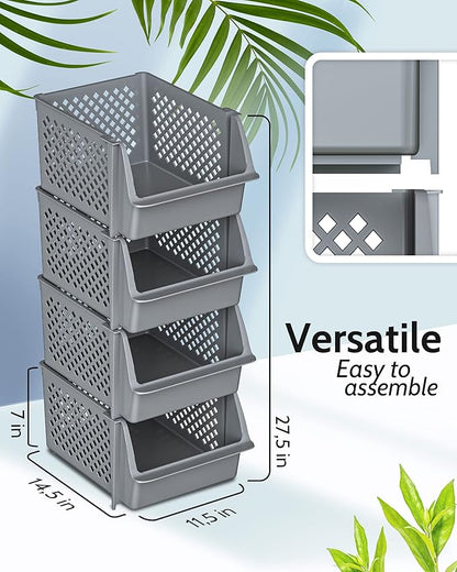 TidyFriend 4 Pack Stackable Storage Bins Open Front for Pantry Organizers and Storage, Pantry Storage for Food, Kitchen and Home Organization, Plastic Storage Bins, Dorm Room Essentials (Grey)