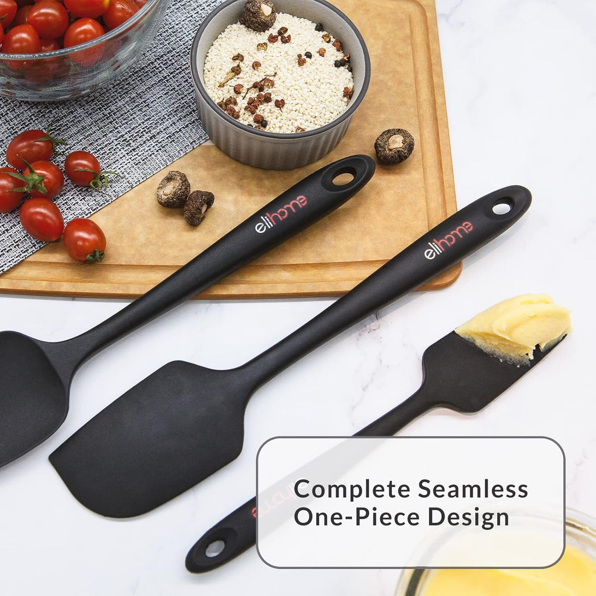 Elihome Chef Series 3 Piece Silicone Spatula Set - 600°F Heat Resistant Non Stick Rubber Kitchen Scraper Spatulas for Cooking, Baking, and Mixing