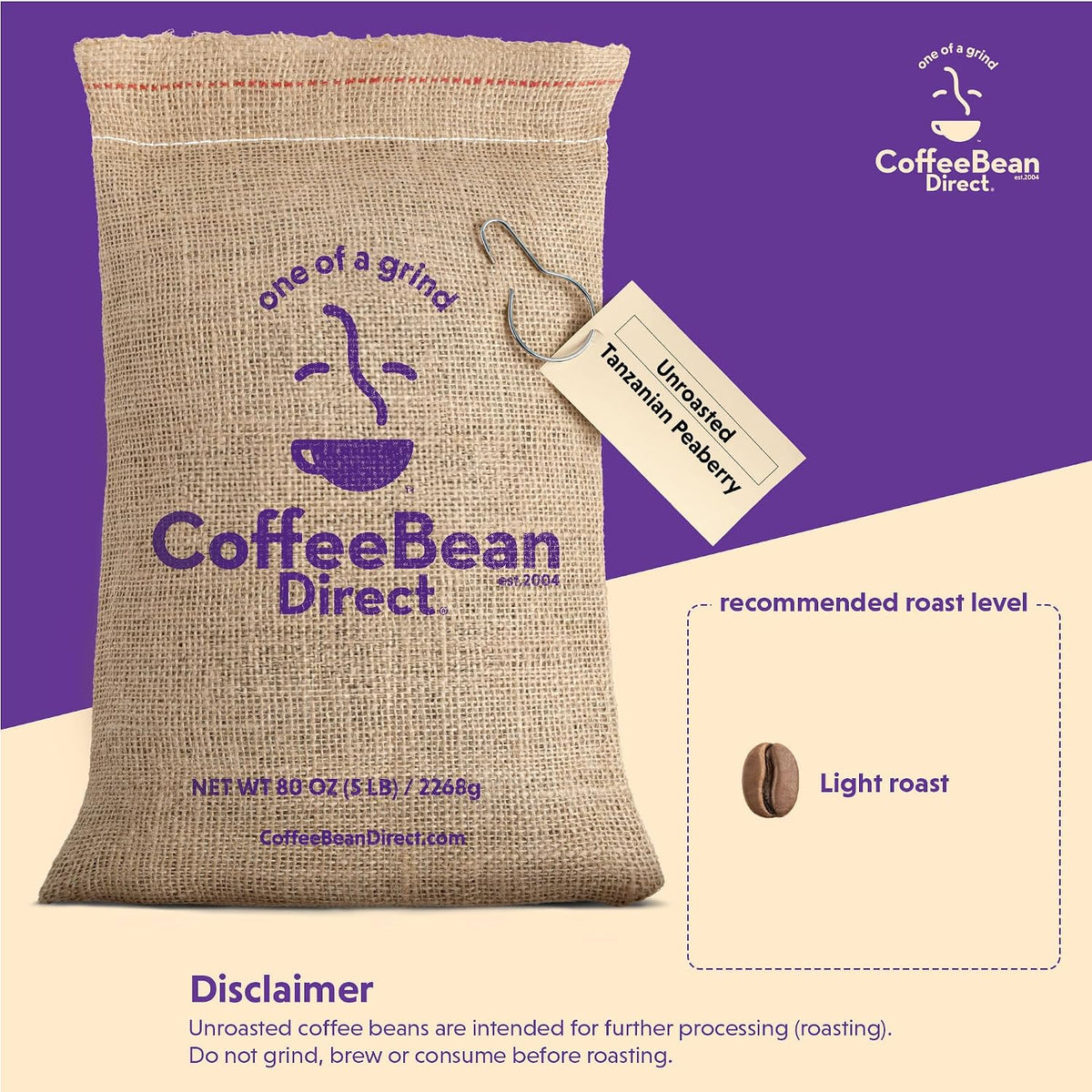 Coffee Bean Direct Unroasted Tanzanian Peaberry, 5lb Bag | Raw Arabica Coffee Beans for Home Roasting