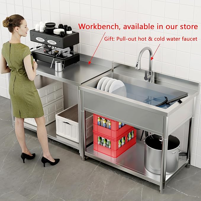 Stainless Steel Utility Sink, Large Freestanding Laundry Sink with Pull-out Faucet for Kitchen, Bathroom, Laundry Room, Garage, Outdoor/Indoor Use, Pet Cleaning, D21.65 x W35.43 x H36.61 inch