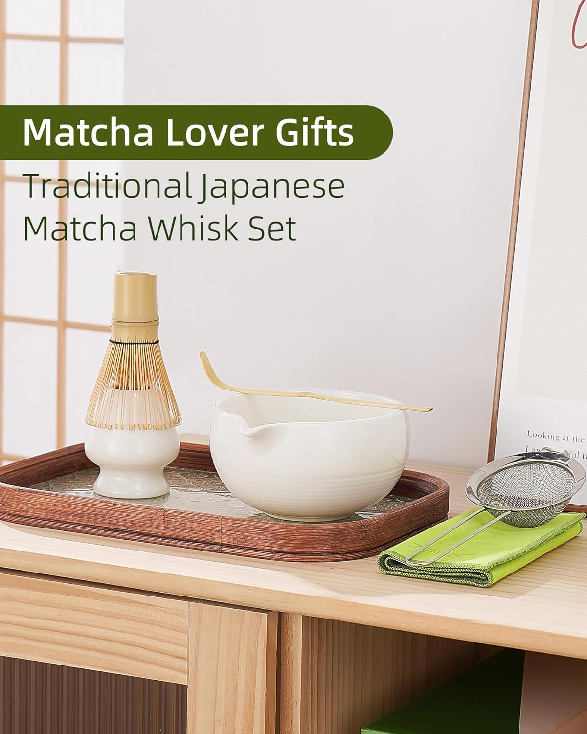 Zens Matcha Whisk Set, 6pcs Matcha Kit Set Includes Ceramic Bowl and Bamboo Whisk & (Chasen Holder), Sifter, Scoop -Tea Towel