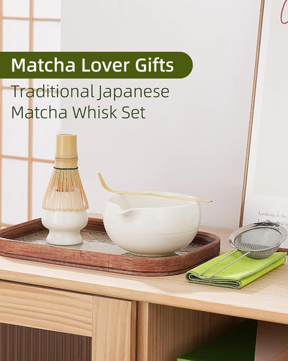 Zens Matcha Whisk Set, 6pcs Matcha Kit Set Includes Ceramic Bowl and Bamboo Whisk & (Chasen Holder), Sifter, Scoop -Tea Towel