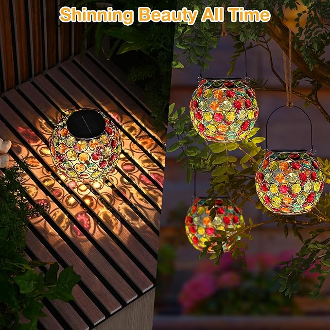 Uspring Crystal Mosaic Solar Lanterns Outdoor Waterproof Decorative Hanging Solar Lights for Outside, Gifts for Women Mom Grandma Garden Decor for Patio Backyard Porch Pathway Lawn Walkway, Red
