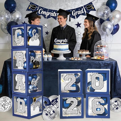 Navy Blue and Silver Graduation Decorations 2026 - Balloons Boxes with Letters 2026 GRAD So Proud of You, Congrats Grad Party Decorations for Any Grades