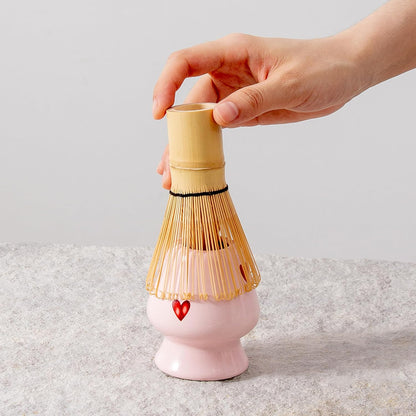 2pcs Matcha Bowl with Whisk Holder, Ceramic Pink Matcha Bowl with Spout, 16.5OZ Porcelain Bowl with Measurement Marks, Tea Mixing Bowl with Whisk Stand, Cute Matcha Gift Set (pink love)