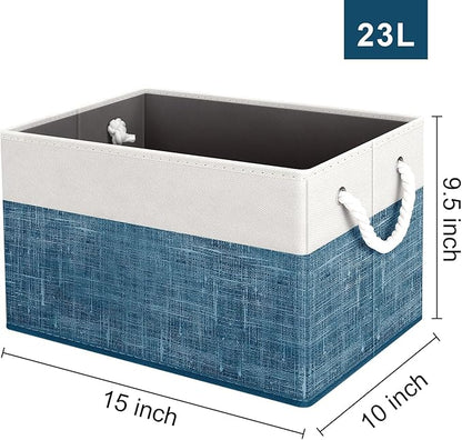 Fab totes Storage Bins [6-Pack], Foldable Storage Baskets for Organizing Toys, Books, Shelves, Closet, Large Storage Box with Rope Handles, Sturdy Organizer Bins, White & Blue
