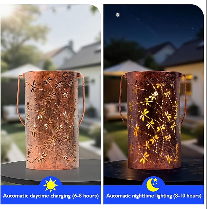 Homemory Dragonflies Solar Lanterns Outdoor Waterproof, Birthday Gifts for Women Mom Grandma, LED Solar Lights Metal Decoration Outside for Yard, Patio, Backyard, Porch, Lawn