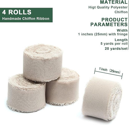 4 Rolls Nude Handmade Fringe Chiffon Silk Ribbon 1" W x 5Yd Per Roll,Frayed Edges Ribbon Set for Gifts Wrapping,Wedding Invitations,Bouquets,DIY Crafts (1" x20Yd, Nude)
