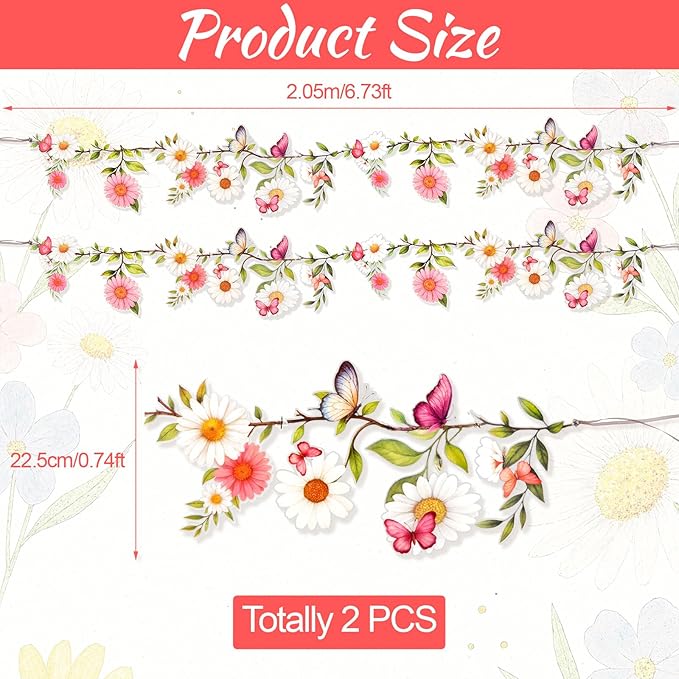 BLMHTWO 2PCS Flower Banner, Wildflower Garland for Enchanted Garden Theme Reusable Floral Banner Waterproof Garden Party Decorations for Wedding Backdrop Birthday Tea Supplies