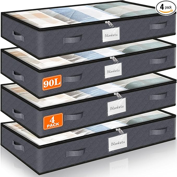 SpaceWhisper 90L Under Bed Storage Containers, 4-Pack Storage Bins with Clear Top, Foldable Closet Organizers and Storage with Label Holder for Clothing, Blankets, Comforter & Pillows (Grey)