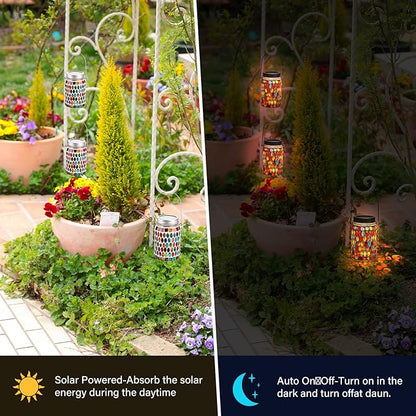 3 Pieces Solar Powered Mosaic Lights, Outdoor Hanging Solar Lantern Lamp Waterproof Table Lamp Mosaic Night Light for Tree, Garden, Patio, Party, Yard, Outdoor, Indoor Decorations (Red)
