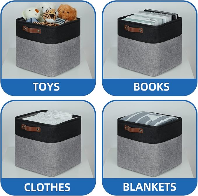 Temary Storage Baskets 12x12 Fabric Cube Storage Bins, 4 Pack Large Baskets with Handles, Baskets for Organizing Towels, Blankets, Collapsible Storage Basket (Black&Gray)