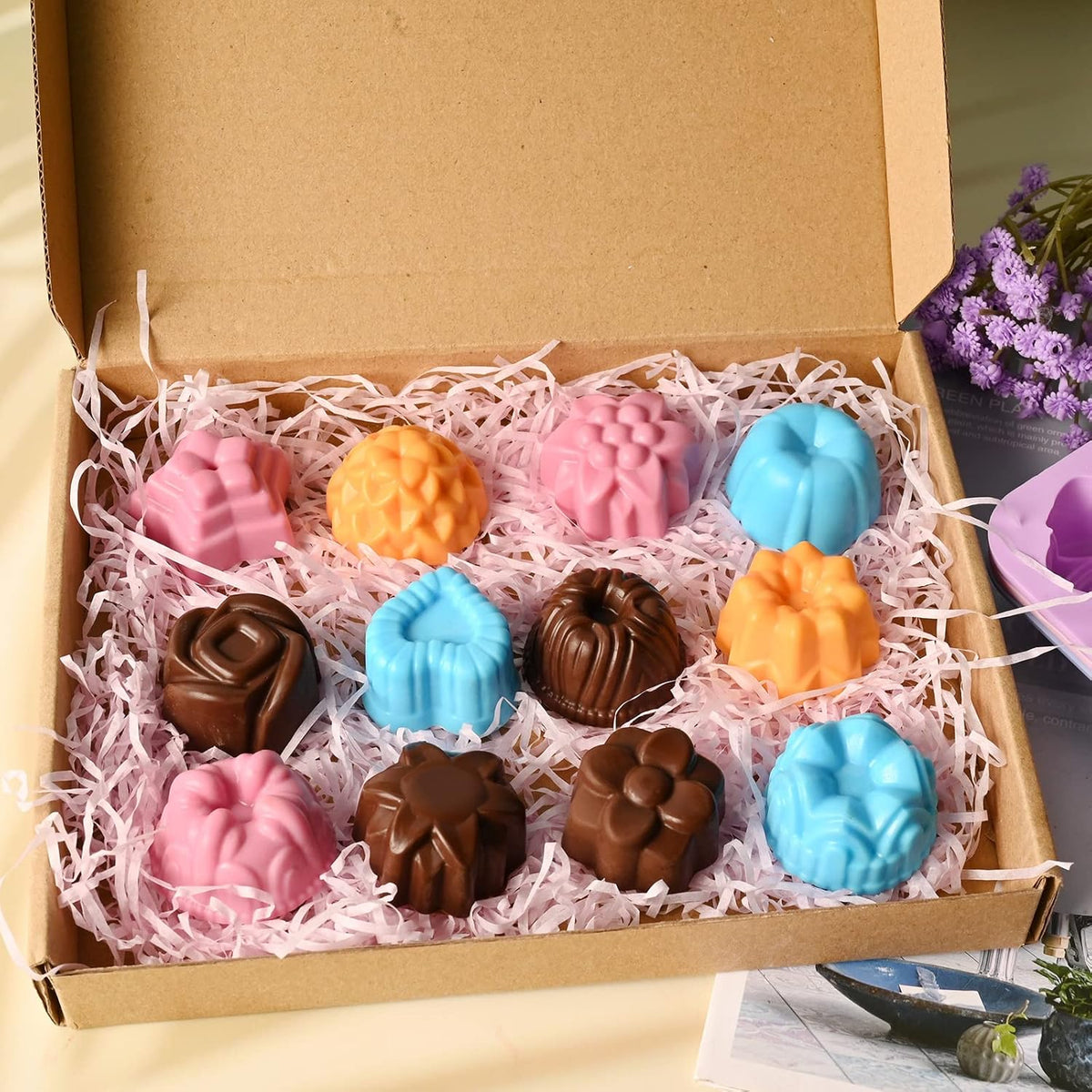Sakolla 3 Pack Flower Molds Silicone, 12 Cavities Different Shapes Silicone Molds for Chocolate, Cupcake, Candy, Jelly, Ice Cube, Muffin (Pink