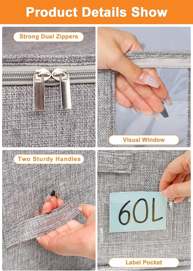 Punemi Comforter Storage Bag, 2 Pack Large Blanket Storage Bags with Sturdy Structure, Zipper & 2 Handles for King/Queen Comforters, Quilts, Duvets, Pillows, Bedding，Closet Organizer, 21.7x14.2x11.8in