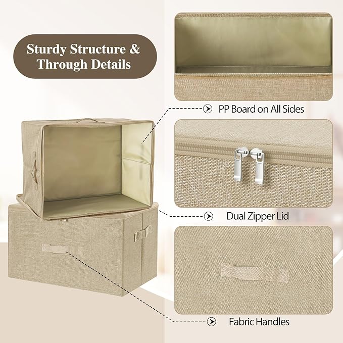 ANMINY 2PCS Storage Bins with Zipper Lids 51.9 Qt Lidded Fabric Storage Boxes Baskets Cubes with Handles Collapsible Washable Cotton Linen Closet Shelf Clothes Organizer - Beige, Extra Large