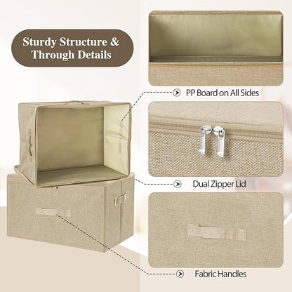 ANMINY 2PCS Storage Bins with Zipper Lids 51.9 Qt Lidded Fabric Storage Boxes Baskets Cubes with Handles Collapsible Washable Cotton Linen Closet Shelf Clothes Organizer - Beige, Extra Large