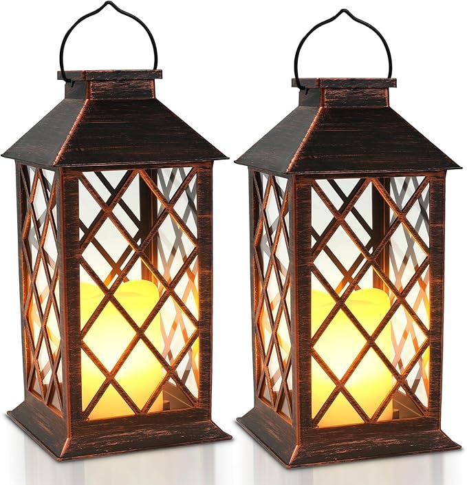 Solar Lanterns Outdoor Waterproof - 2 Pack 14" Large Hanging Solar Lantern with Glass Flickering Flame, IP65 Weatherproof Decorative Lanterns for Garden, Patio, Yard, Porch, Balcony, Gifts Mom Wife