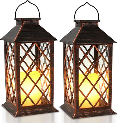 Solar Lanterns Outdoor Waterproof - 2 Pack 14" Large Hanging Solar Lantern with Glass Flickering Flame, IP65 Weatherproof Decorative Lanterns for Garden, Patio, Yard, Porch, Balcony, Gifts Mom Wife