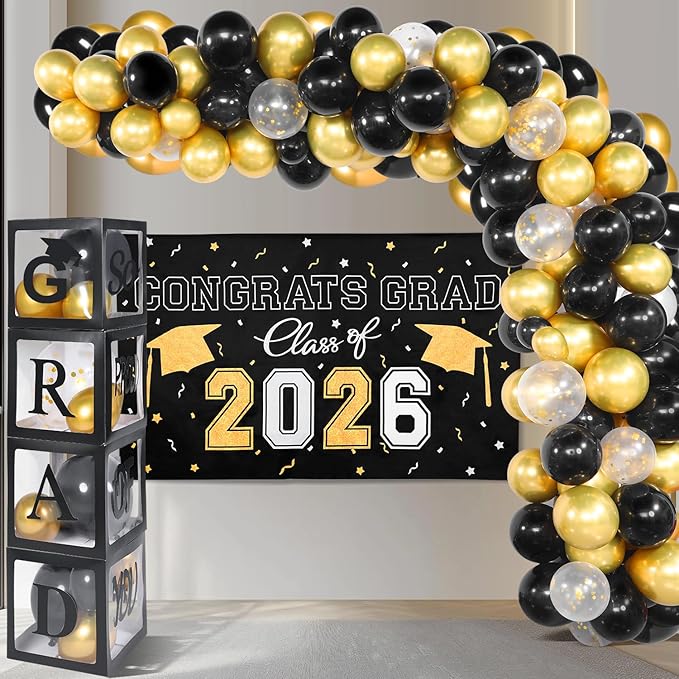 Picoway Graduation Decorations Class of 2026 ,Black and Gold Graduation Party Decorations include 4 Pcs Balloons Boxes with Letters, 110 Pcs Balloon Arch Kit and Banner backdrop for Party Favors Decor