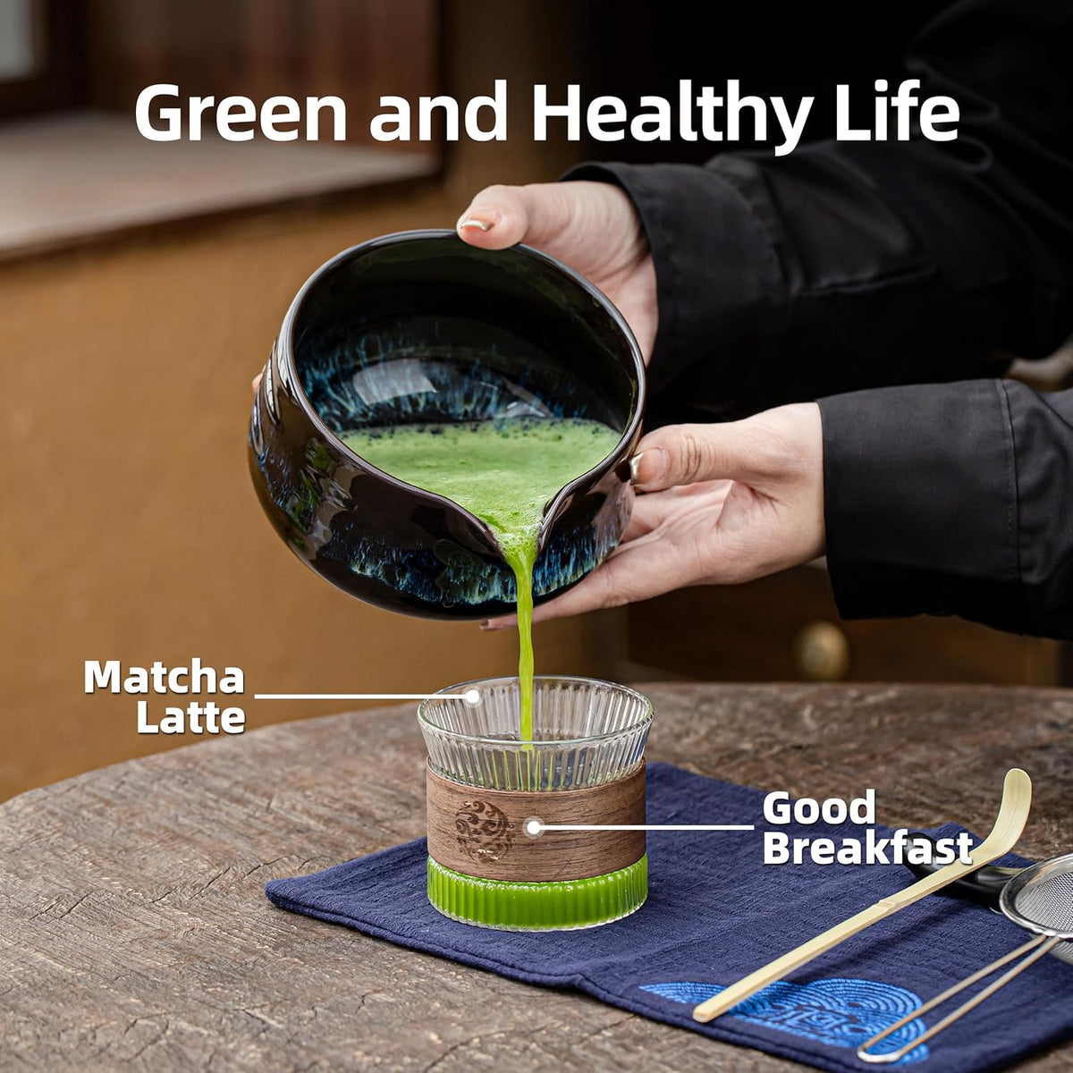 Teanagoo Matcha Whisk Set, 7 Pcs Matcha Set Blue, Matcha Kit for Ceremony, Matcha Tea Set for Making Breakfast/Latte
