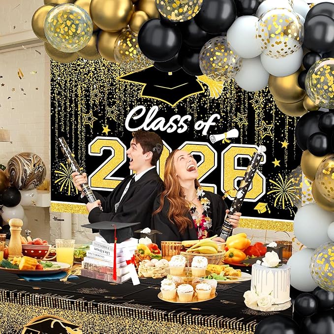 Graduation Decorations 2026, Black and Gold Balloon Garland Arch, Black and Gold Graduation Decorations with Congrats Grad Tablecloth and Class of 2026 Backdrop for High School College Grad Party