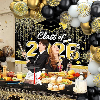 Graduation Decorations 2026, Black and Gold Balloon Garland Arch, Black and Gold Graduation Decorations with Congrats Grad Tablecloth and Class of 2026 Backdrop for High School College Grad Party