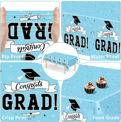 2Pcs Graduation Tablecloth, 108" X 54" Skyblue Graduation Table Decor 2026, Rectangle Tablecloth for Class 2026 Congrats Grad, Disposable Plastic Tablecover for Grad Decor Party Supplies for Kids