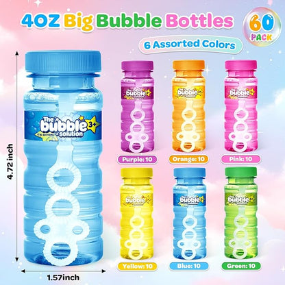 AuroTops 60 PCS Bubble Bottles with Wand Assortment for Kids,Bubbles in Bulk,4oz Bubble Solution Summer Toys for Kids Bubbles Party Favors,Birthday Party Supplies,Indoor & Outdoor Activities,6 Colors
