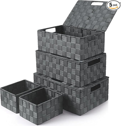 Uvellgift Storage Bins with Lids, Woven Storage Box Organizer Containers Decorative Baskets Cube for Clothes Bedroom Closet Office (5 Pack, Grey)