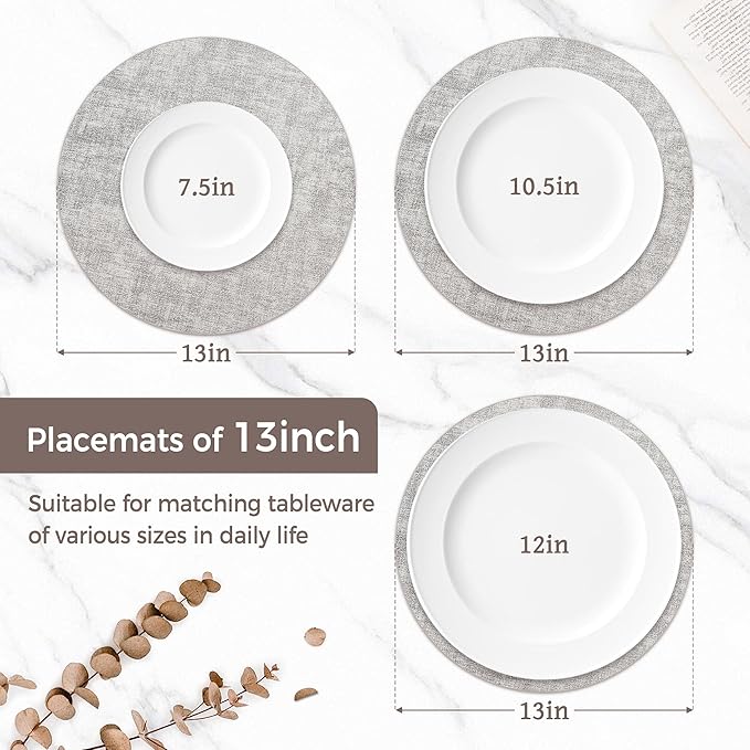 13" Round Placemats Set of 12, Reversible Faux Leather Heat Resistant Table Mats, 100% Waterproof Oilproof Wipeable Table Protective Placemats for Vinyl, Washable for Indoor (12, Light Grey)