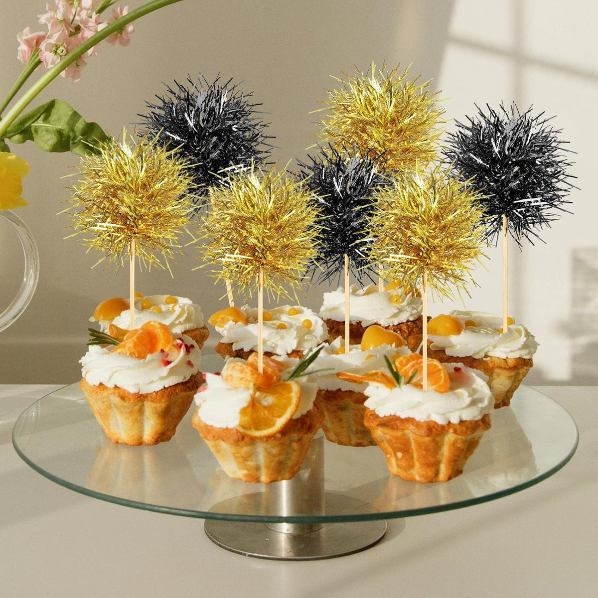 Chinco 100 Pcs Foil Firework Cupcake Toppers Sparkle Tinsel Cake Toppers Cake Decoration Cocktail Fruit Toothpick for Birthday Wedding Graduation Party(Black, Gold)