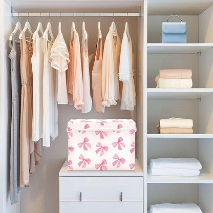 Pink Bow Storage Bins with Lids and Carrying Handle,Foldable Storage Boxes Organizer Containers Baskets Cube with Cover for Home Bedroom Closet Office