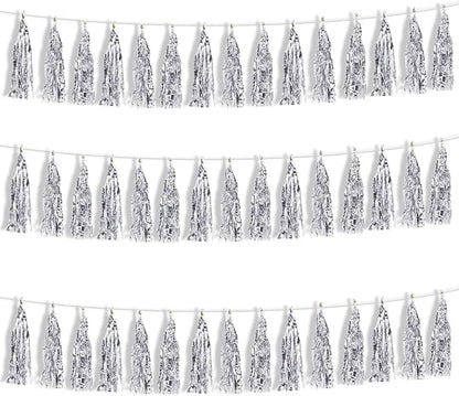 BEISHIDA 3 Packs Silver Metallic Foil Fringe Tassel Garland, Tassels Banner Streamers for New Year Silver Wedding Engagement Graduation Birthday Bridal/Baby Shower Christmas Holiday Party Decoration