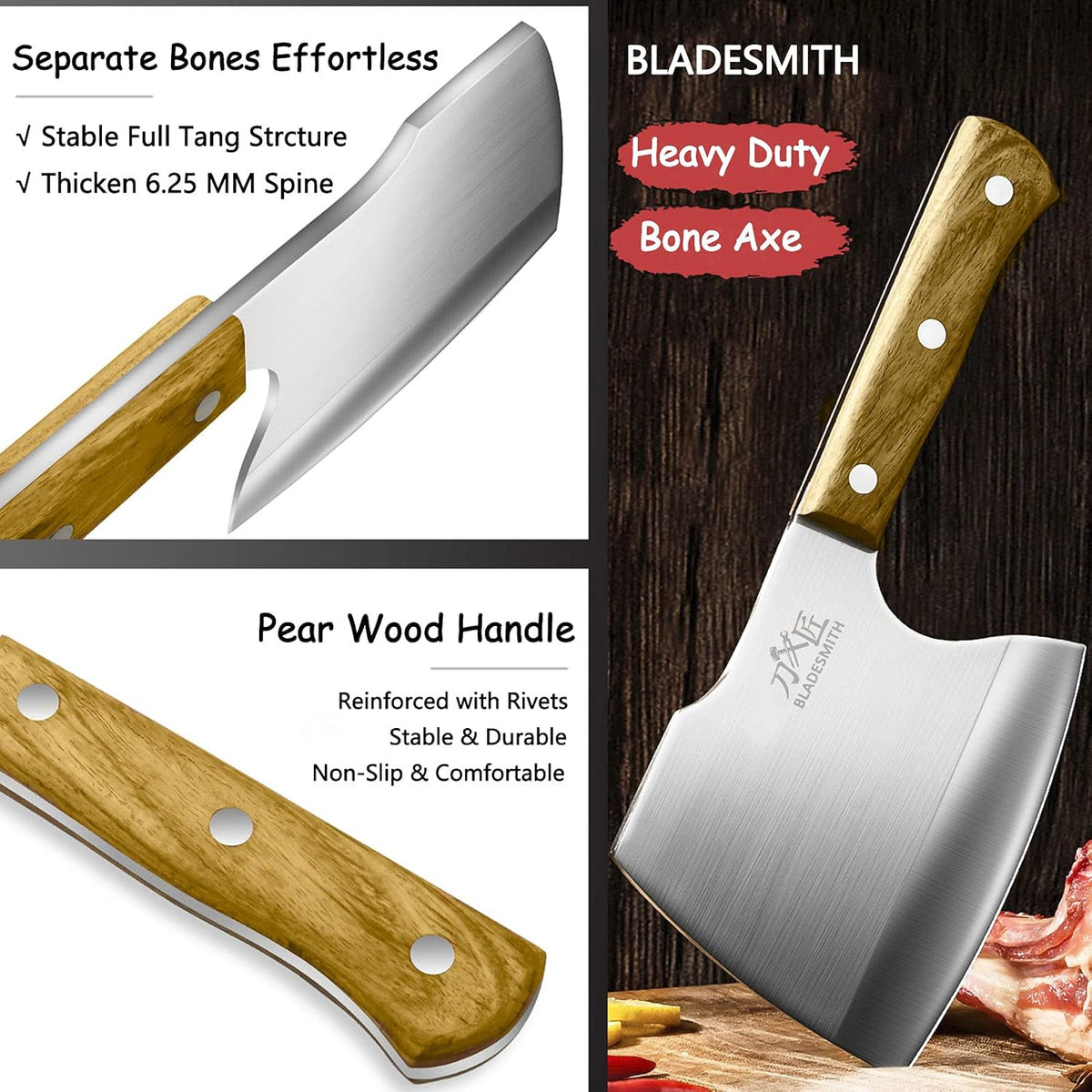 Bladesmith Meat Cleaver Butcher Axe Bone Chopper Heavy Duty - 6.3'' Bone Cutting Knife Bone Breaker, Stainless Steel Thicken Blade & Pear Wood Handle