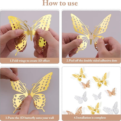 Saoropeb 3D Butterfly Wall Decor, 72 Pcs 3 Styles 3 Sizes, Removable Metallic Wall Decor Sticker Room Mural Decals for Kids Bedroom Nursery Classroom