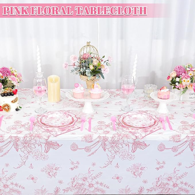 3 Pcs Pink Floral Plastic Tablecloths, 54 X 108Inch Tea Party Tablecloth Disposable Wedding Table Cloth Pink and White Porcelain Tables Decor for Garden Wedding Tea Party Birthday Baby Bridal Shower