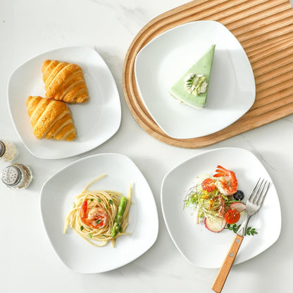 fMBB Ceramic White Dinner Plates Set of 4, Porcelain Square 7.5 inch Dessert Dishes, Serving Flat Plates Salad Dishes - Scratch Resistant, Dishwasher