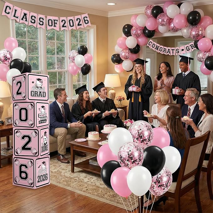 2026 Graduation Decorations, Pink Graduation Party Decorations Graduation Balloons Arch Kit Boxes With Letters 2026 Grad for Middle School High School College ect.