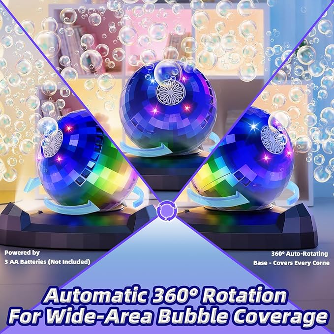 Bubble Machine for Kids & Toddlers 1-3, Automatic Disco Bubble Blower Maker with Bubble Solution, LED Lights & 360° Rotation, 10000+ Bubbles Per Min, Outdoor Game Toy for Easter Birthday Party