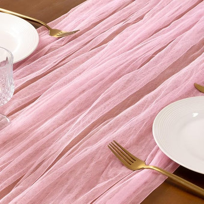 Socomi Pink Cheesecloth Table Runner Tulle Gauze Cheese clothBoho Rustic 120 inch 10FT Runner for Wedding Party Baby Shower Birthday Holiday Decorations 1pc