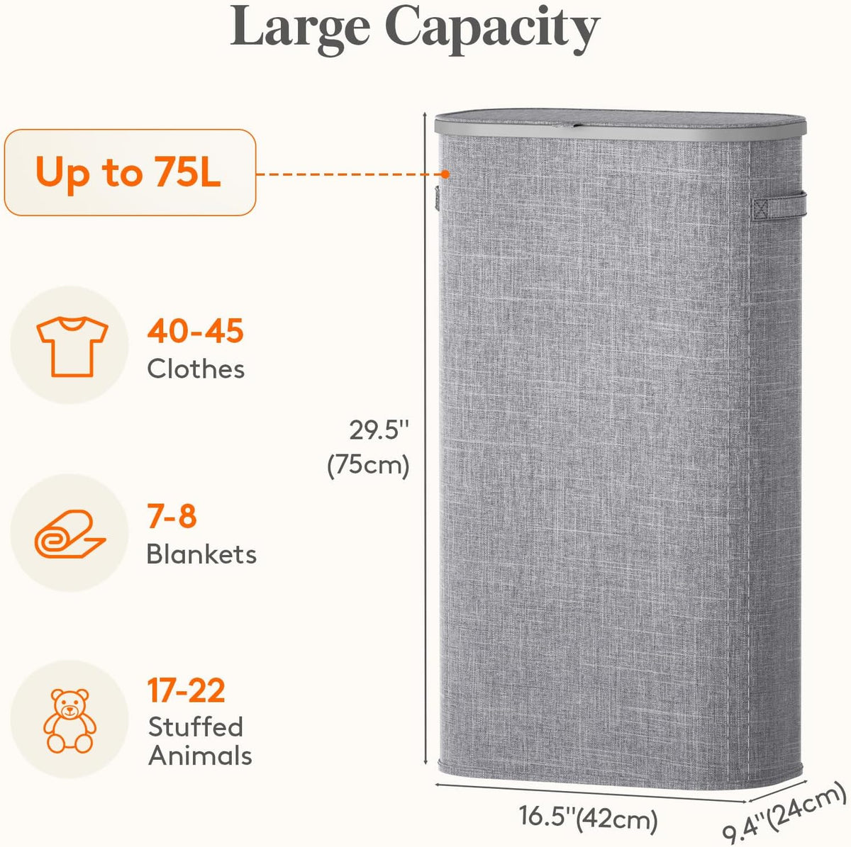 Lifewit 75L Slim Laundry Basket with Lid, Narrow Large Laundry Hamper with Plastic Handles and Removable Bag, Tall Foldable Dirty Clothes Hampers for Laundry Room, Bedroom, Bathroom, Dorm, Gray