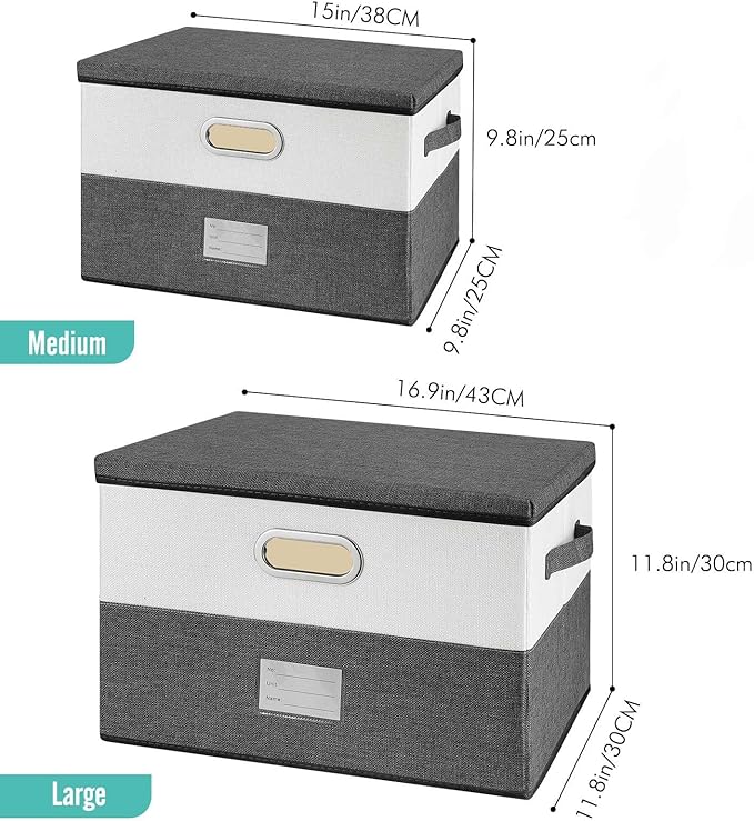 Large Linen Fabric Foldable Storage Bins with Removable Lid and Handles, Washable Storage Box Organizer Containers Baskets Cube with Cover for Bedroom,Closet,Office (Turquoise&Cream, Medium)