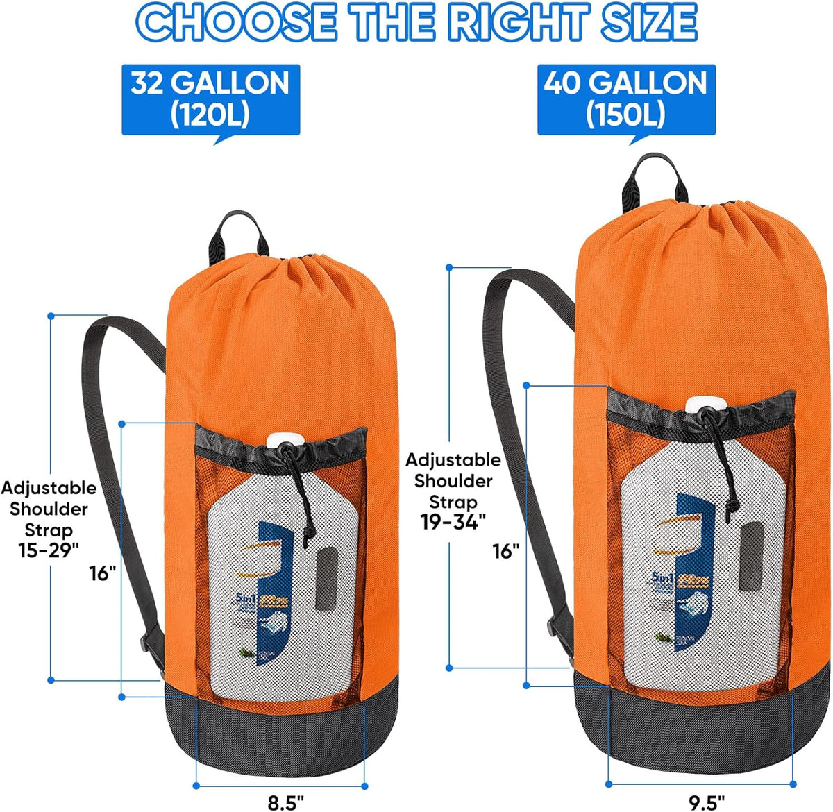 BALEINE 150L Laundry Bag Backpack, 900D Oxford Fabric Large Travel Laundry Bags with Shoulder Straps and 2 Mesh Pockets for College Dorm, Apartment, Laundromat (Orange, 150L)